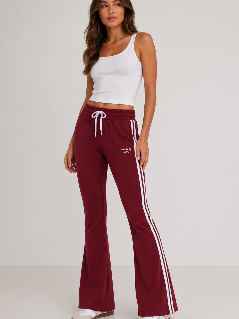 Reebok Maroon Flare Track Pants with White Stripes
